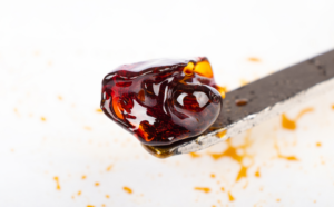Cannabis Infused Concentrates, Close-up of amber cannabis concentrate on a metal dab tool.