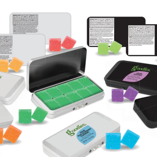 Bright cannabis edible packaging assortment with colorful gummies displayed.