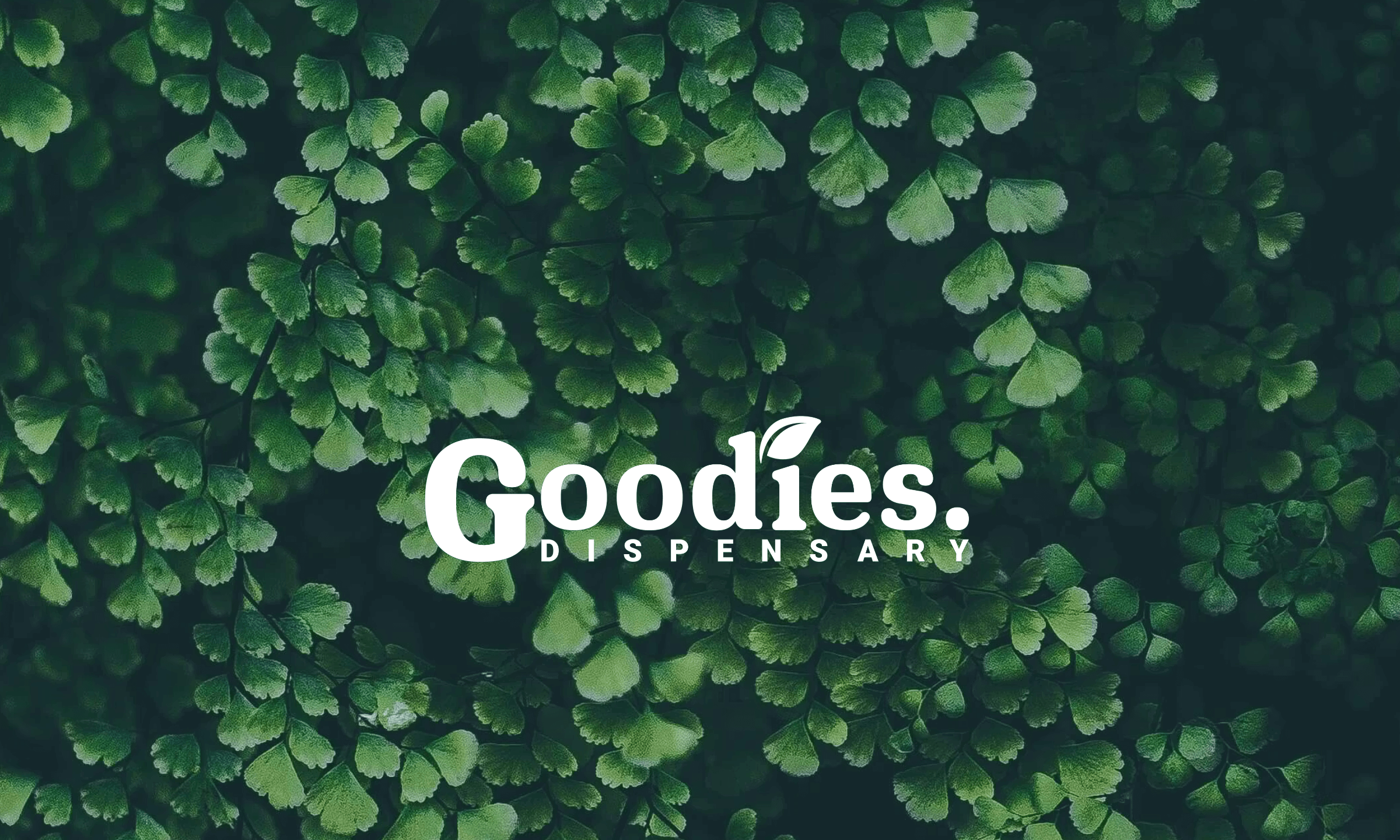 Goodies Dispensary logo in white over a lush green botanical leaf background representing a clean and curated Illinois cannabis retail brand.