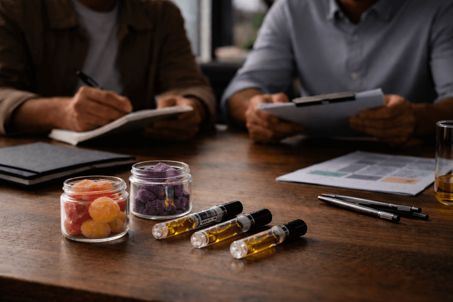 Cannabis product development meeting with THC gummies in glass jars and vape cartridges on a wooden table while two professionals review notes and documents.