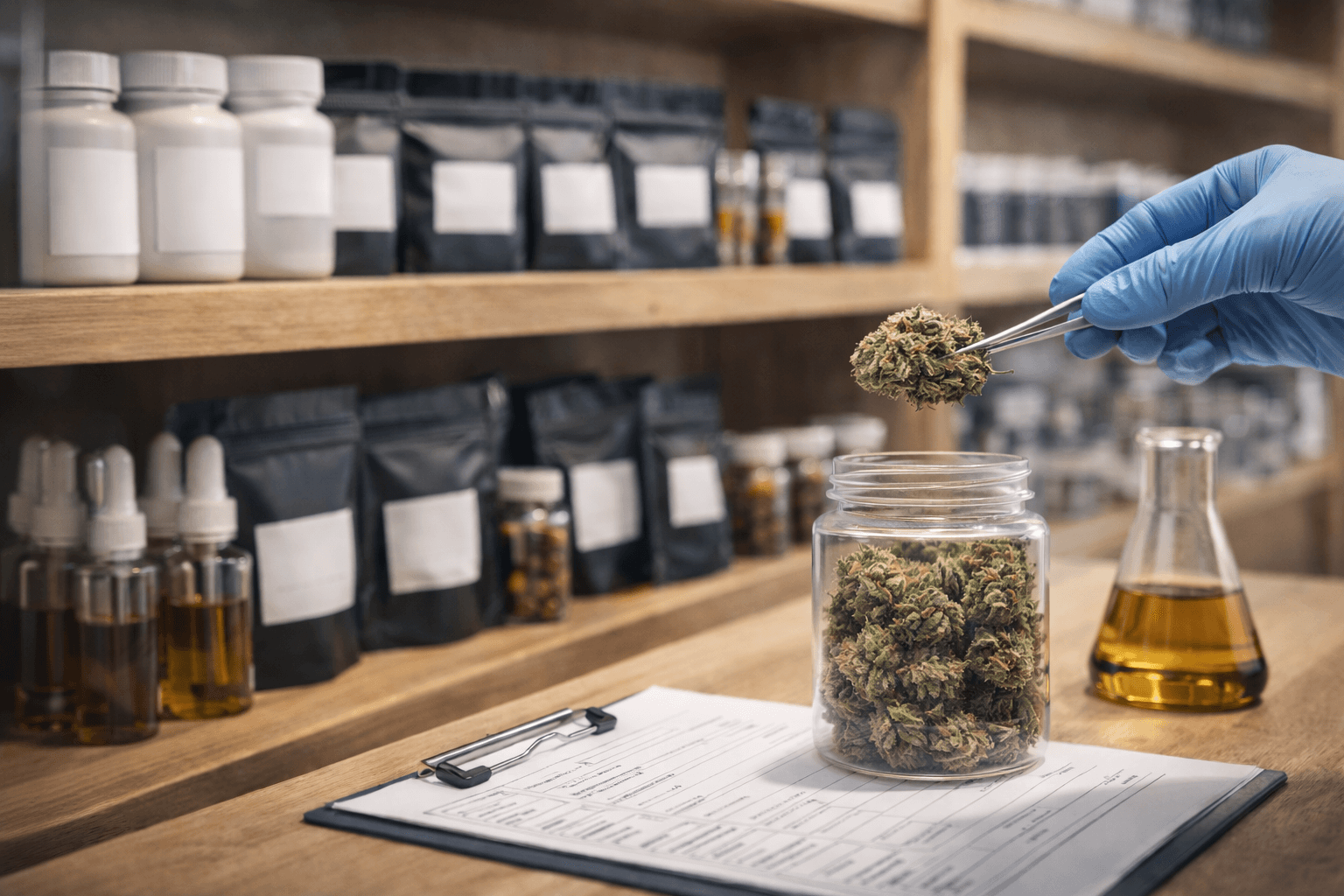 Cannabis flower inspection in regulated facility with gloved technician holding bud over labeled jar, oil extract flask, and packaged inventory on shelves.
